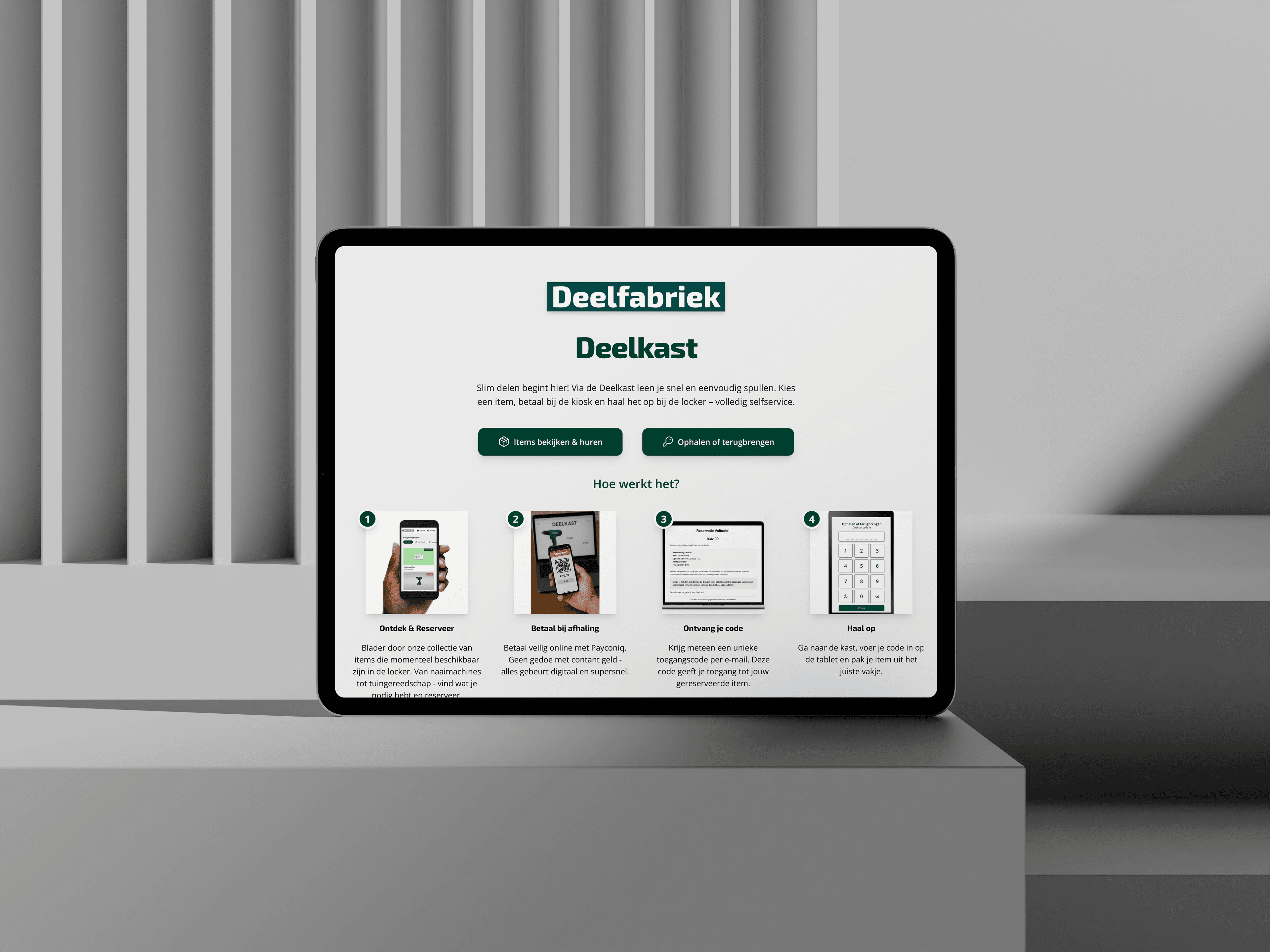 Deelfabriek website mockup showing interface on a tablet device